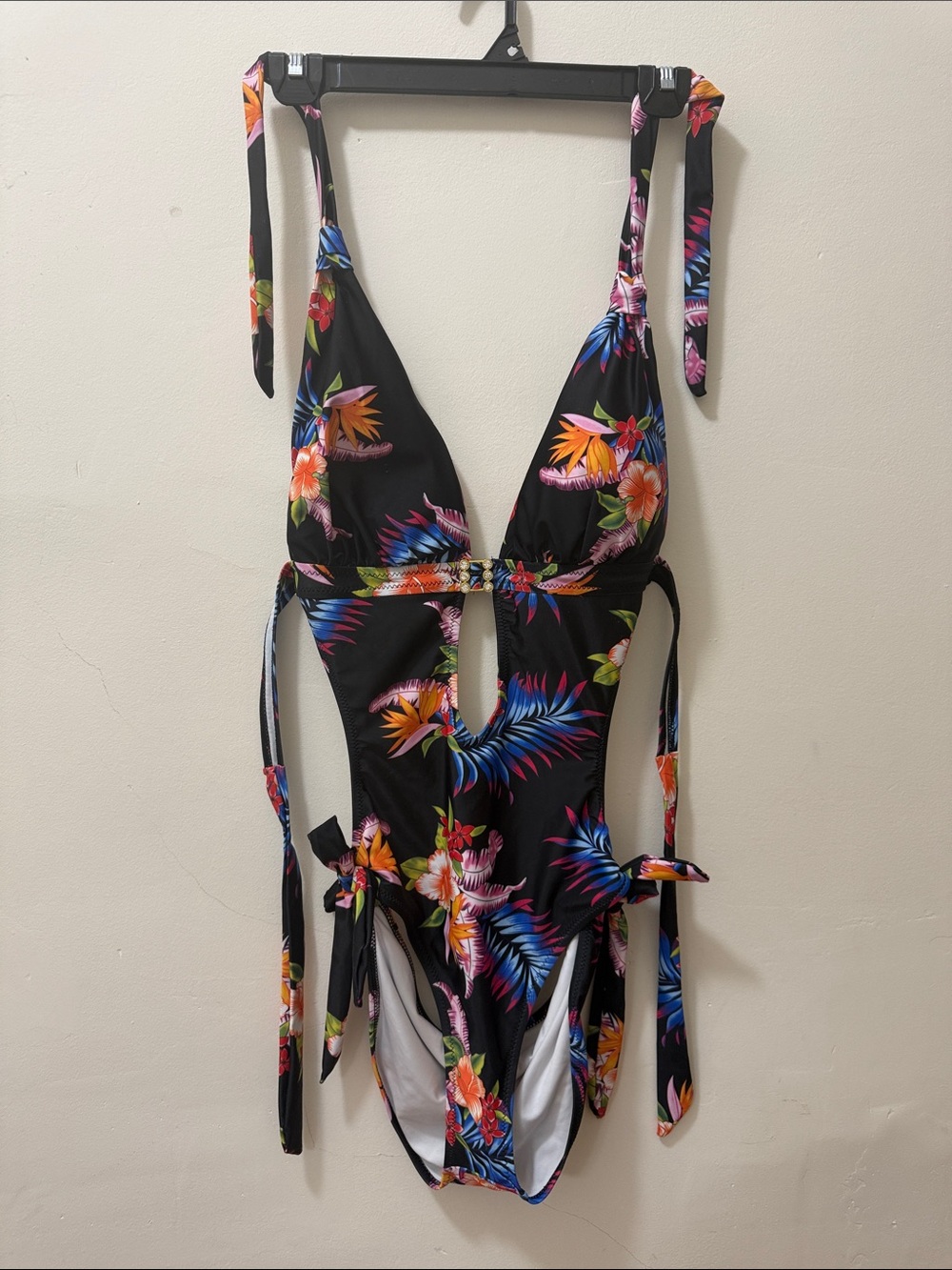 Black Tropical Floral Cutout One-Piece Swimsuit